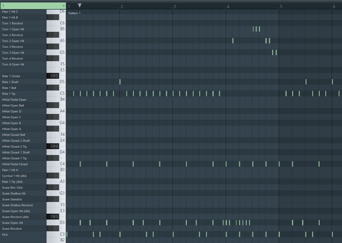 A drum track with the Addictive Drums 2 note names in the key column